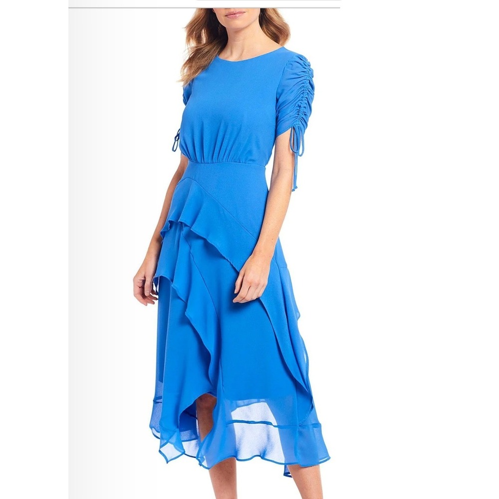 Maison Tara Ruffle Tiered Dress Size 10 Periwinkle Blue Ruched Sleeve Midi new